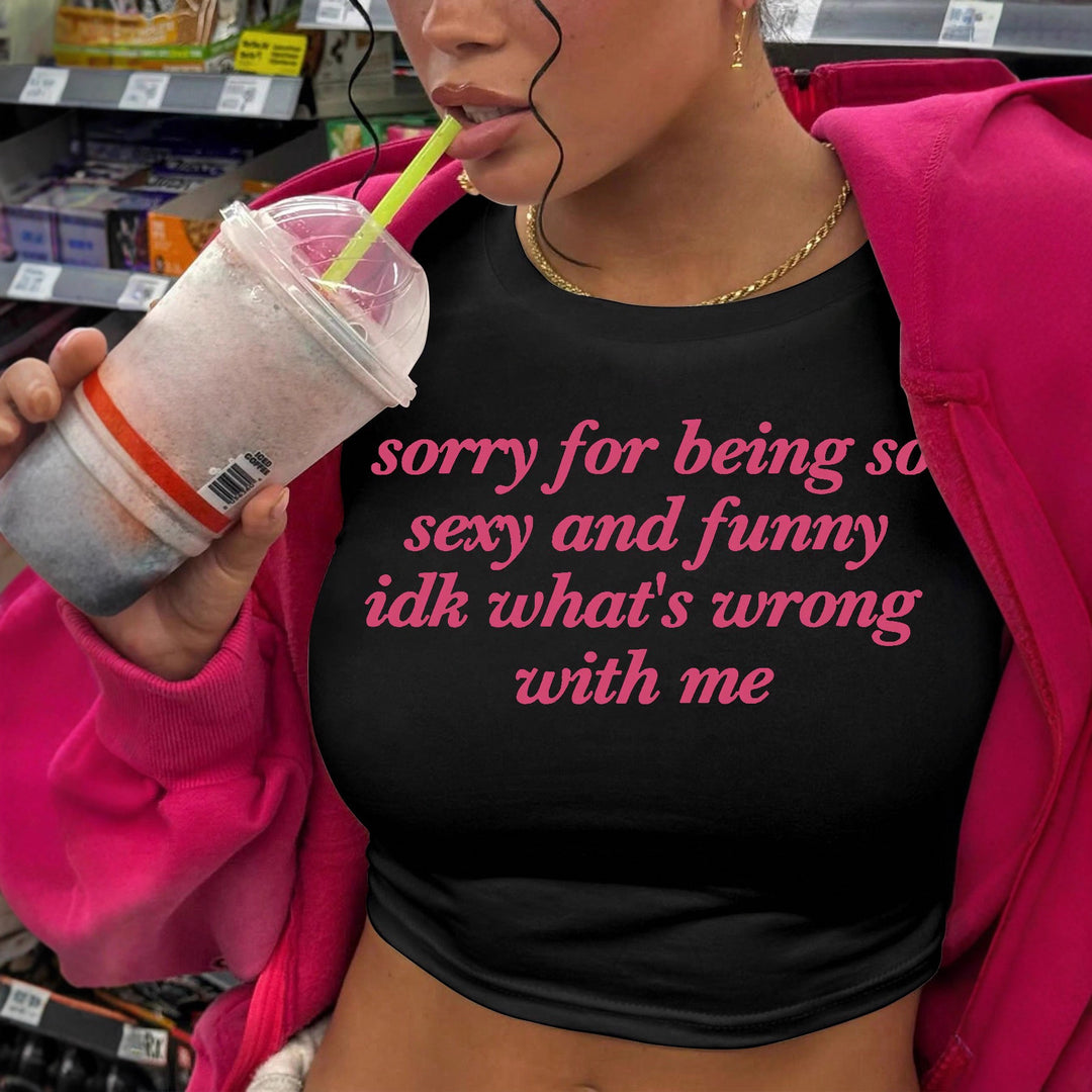 Damen Kurzarm Crop-T-Shirt mit witzigem Schriftzug Drune