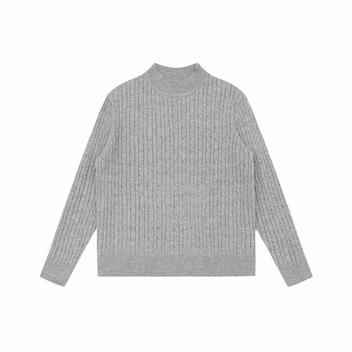 Unisex Oversize Zopfmuster-Pullover mit kurzem Stehkragen und geripptem Saum Drune