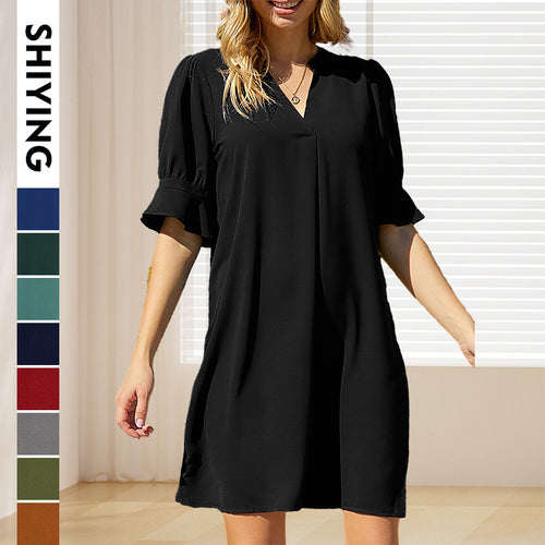 Damen elegantes Minikleid mit vorteilhaftem V-Ausschnitt und puffartigen Ärmeln Drune