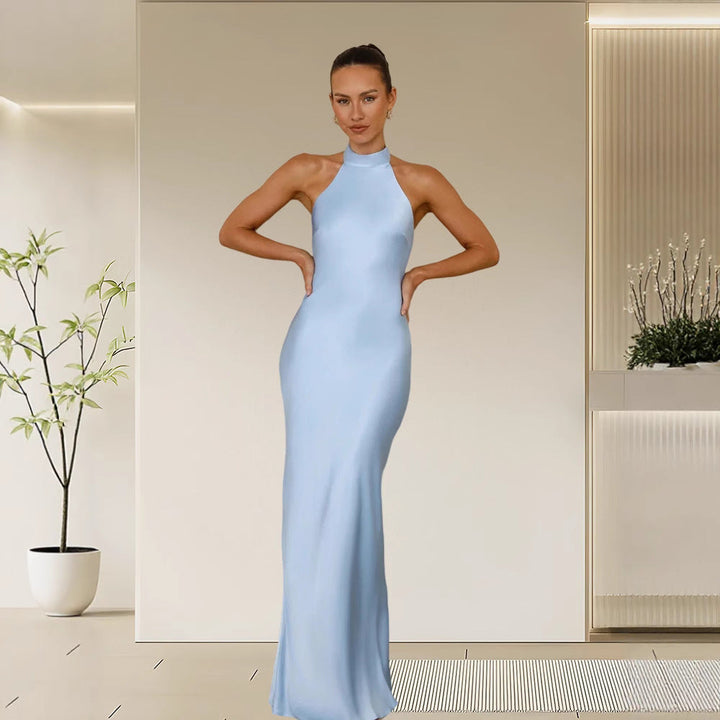 Damen Elegantes Satin-Maxikleid mit hohem Kragen und körpernahem Schnitt Drune