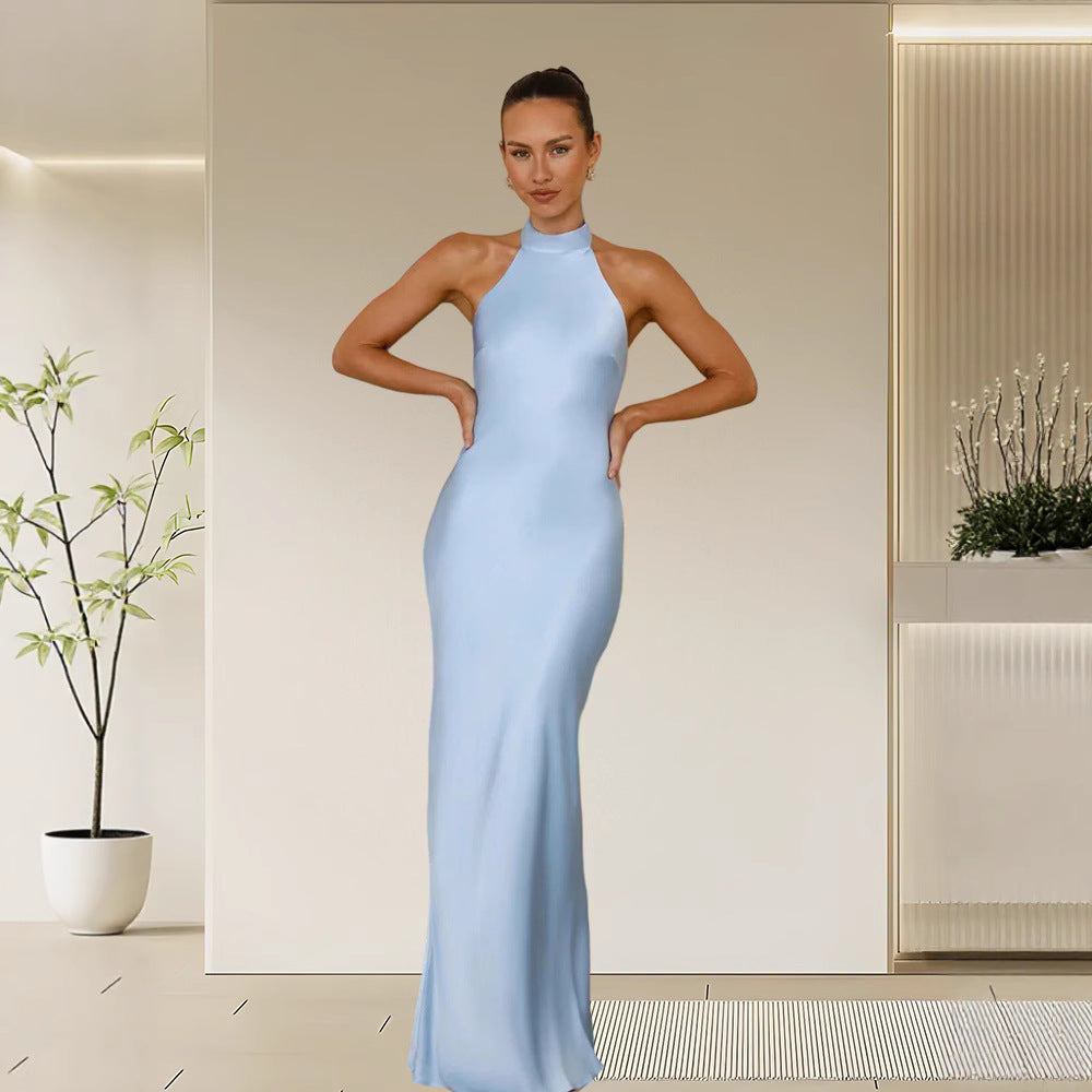 Damen Elegantes Satin-Maxikleid mit hohem Kragen und körpernahem Schnitt Drune