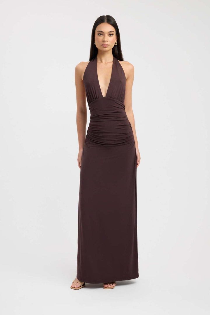 Damen Maxikleid mit tiefem V-Ausschnitt und figurbetonendem Design Drune