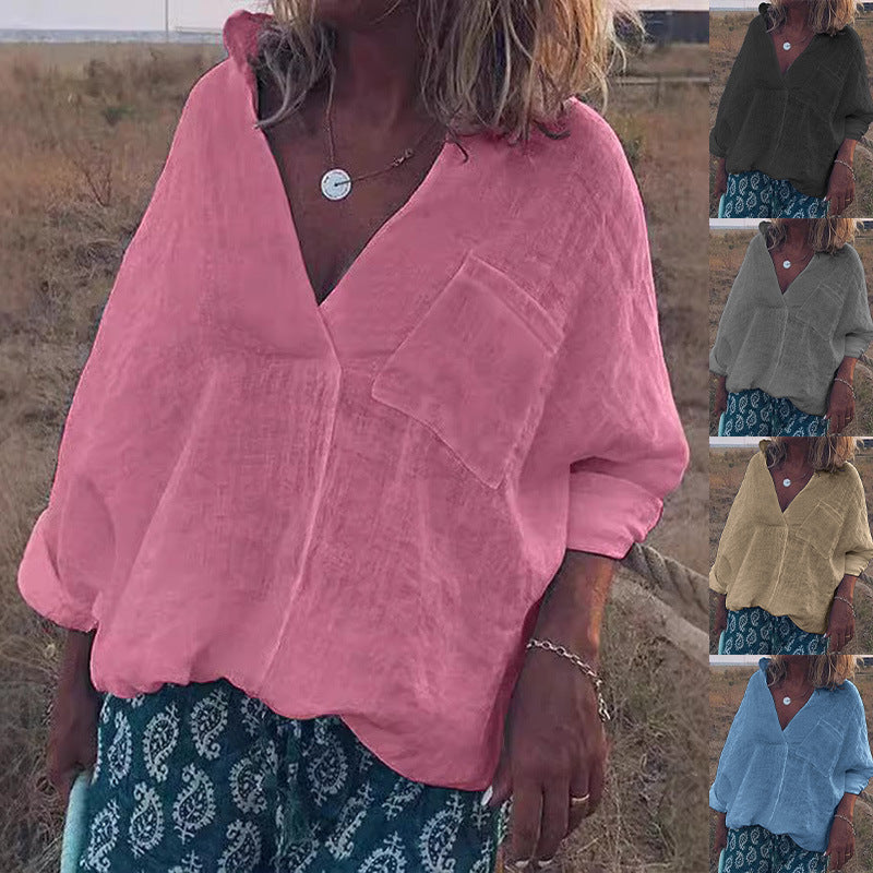 Damen Oversized Leinen-Look Bluse mit tiefem V-Ausschnitt, aufgesetzter Brusttasche und hochgerollten Dreiviertelärmel Drune