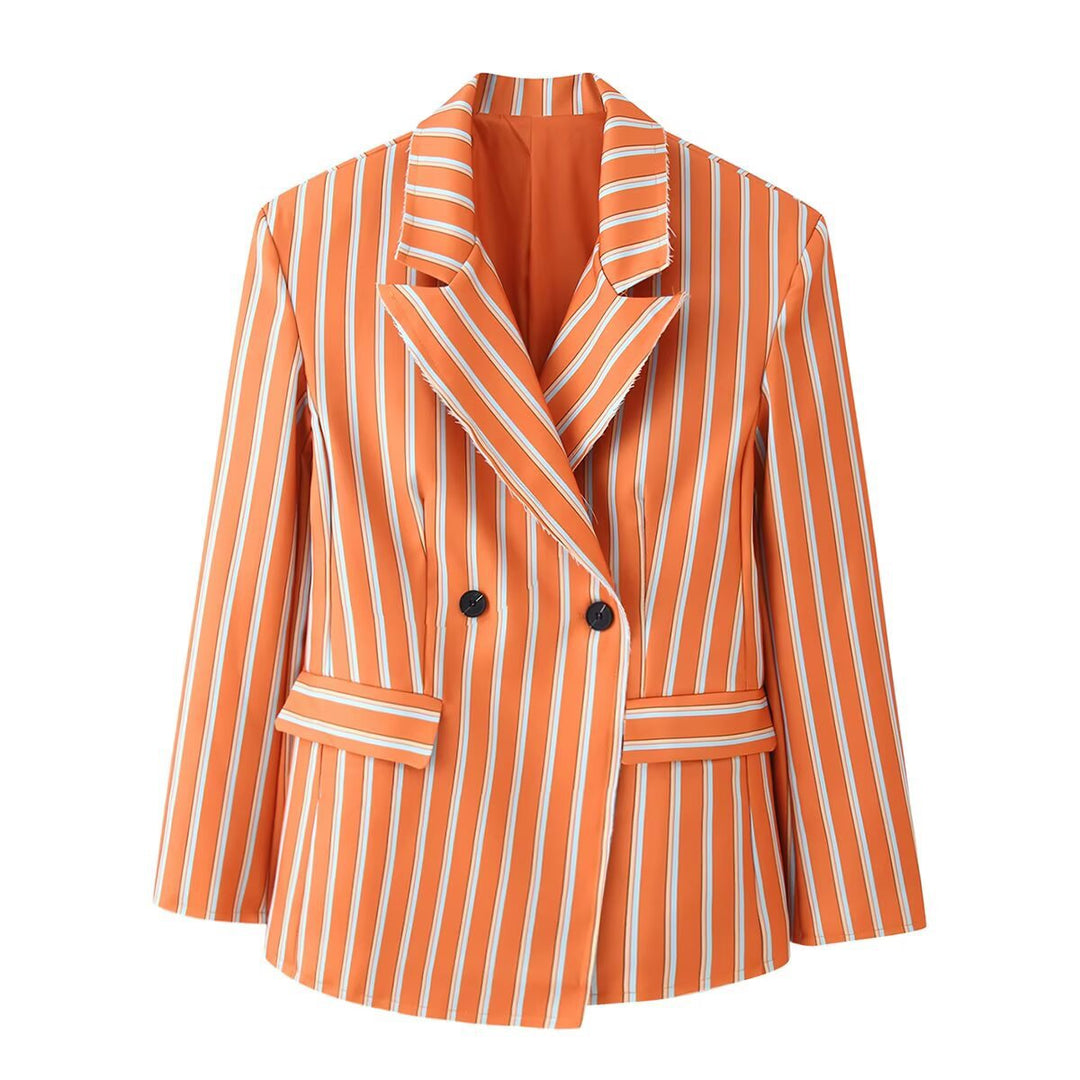 Damen Doppelreihiger Streifenblazer mit markantem Revers und Pattentaschen Drune