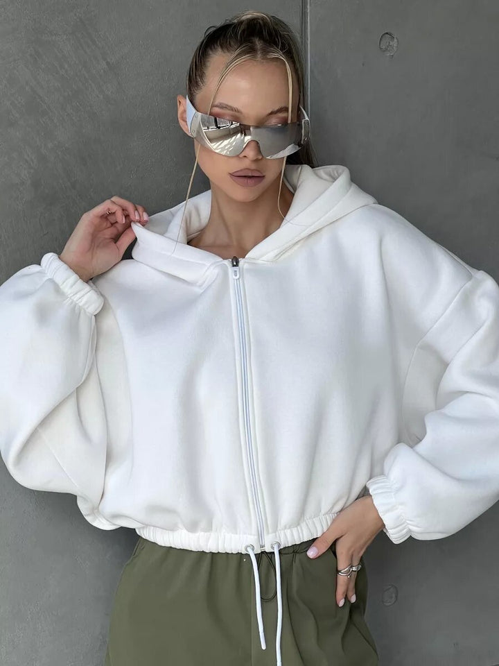 Damen kurze Kapuzenjacke mit Tunnelzugbund, Ballonärmeln und halbhohem Reißverschluss Drune