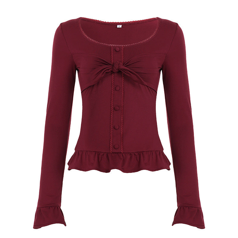 Damen Tailliertes Langarm-Cropped-Top mit Zierschleife, Knopfleiste und Volantbund Drune