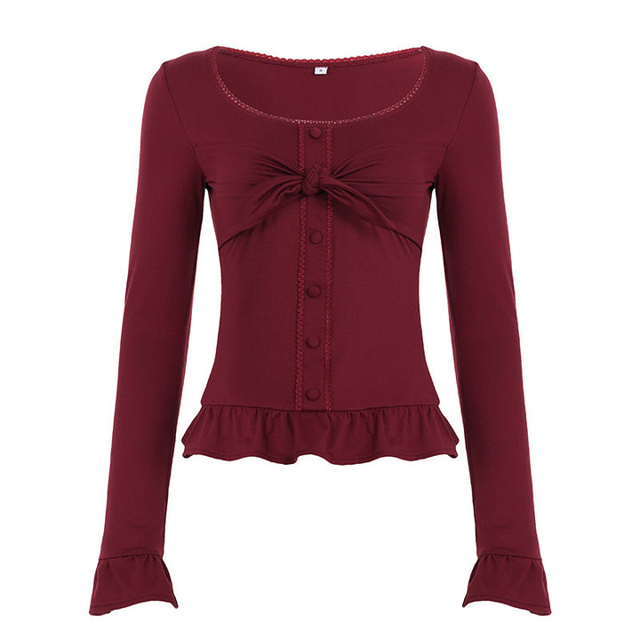 Damen Tailliertes Langarm-Cropped-Top mit Zierschleife, Knopfleiste und Volantbund Drune