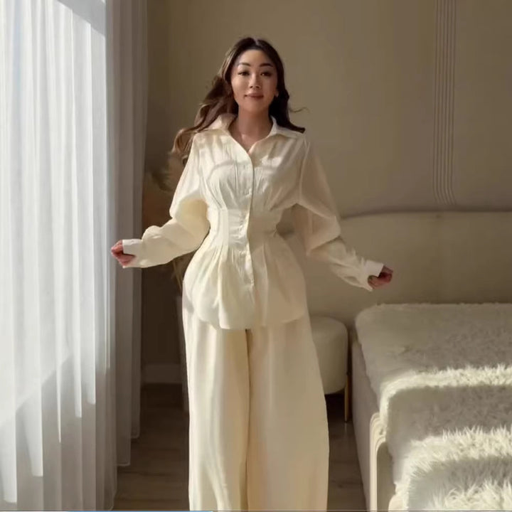 Damen Elegantes zweiteiliges Satin-Loungewear-Set mit taillierter Bluse und weitem Hosenbein Drune