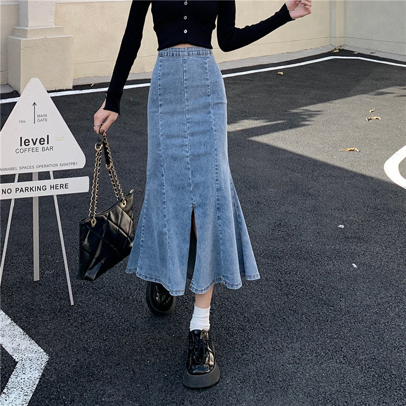 Damen Flared Denim-Rock mit hohem Schlitz Drune
