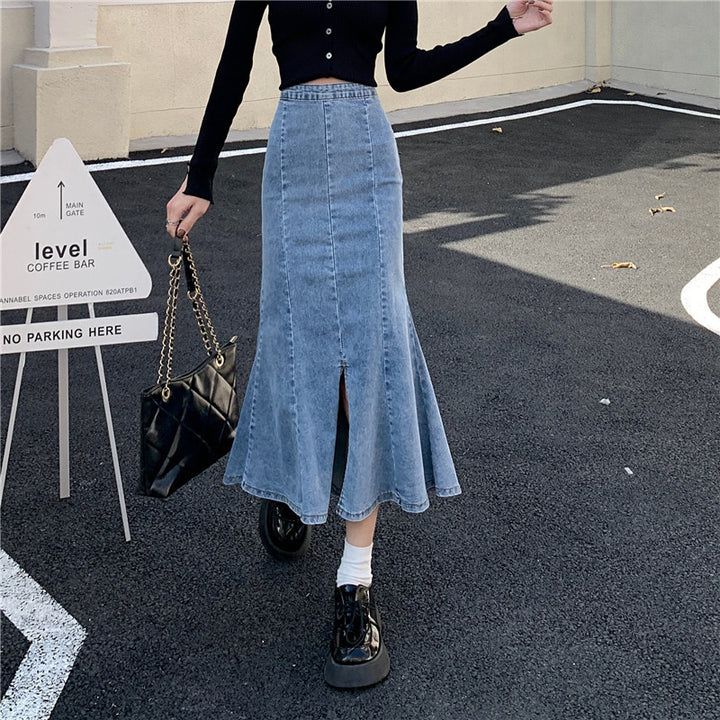 Damen Flared Denim-Rock mit hohem Schlitz Drune