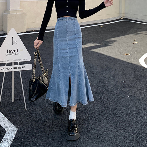 Damen Flared Denim-Rock mit hohem Schlitz Drune