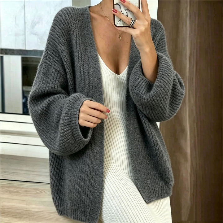 Damen Oversize-Cardigan aus grobem Rippstrick mit Ballonärmeln Drune