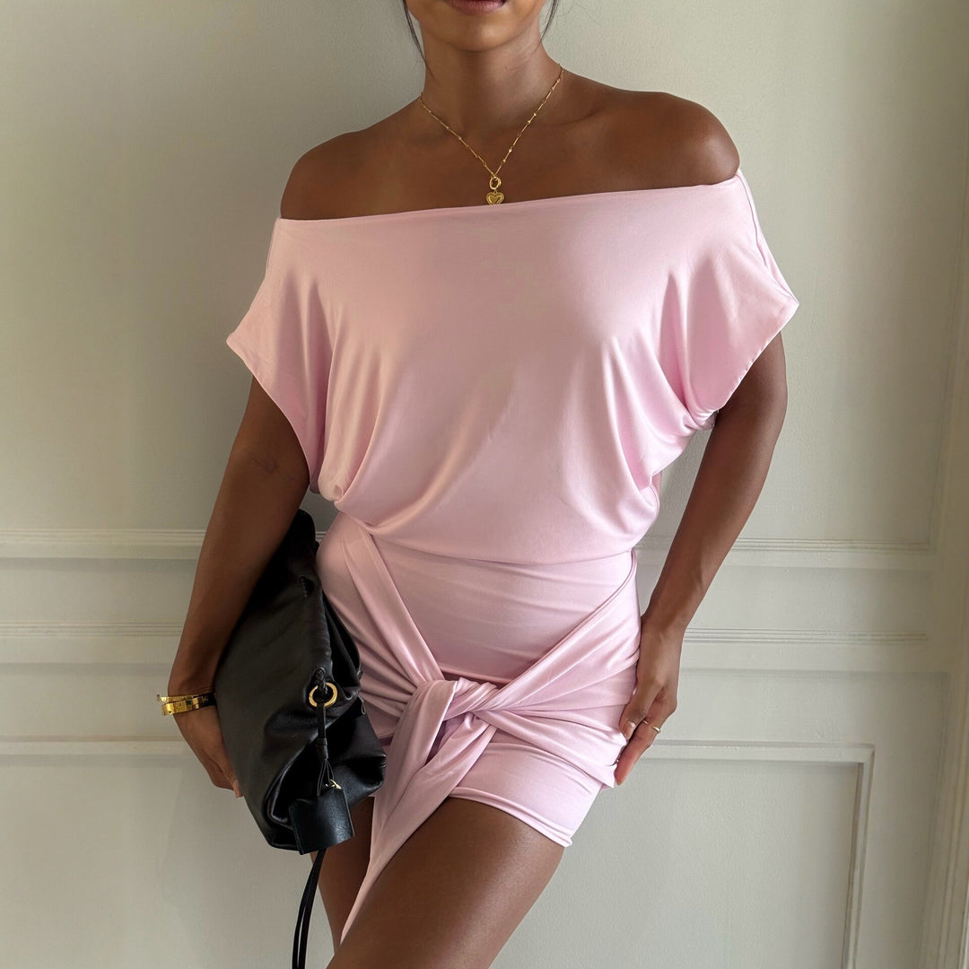 Damen Raffiniertes Minikleid mit angeschnittenem Ausschnitt und seitlichem Knoten Drune