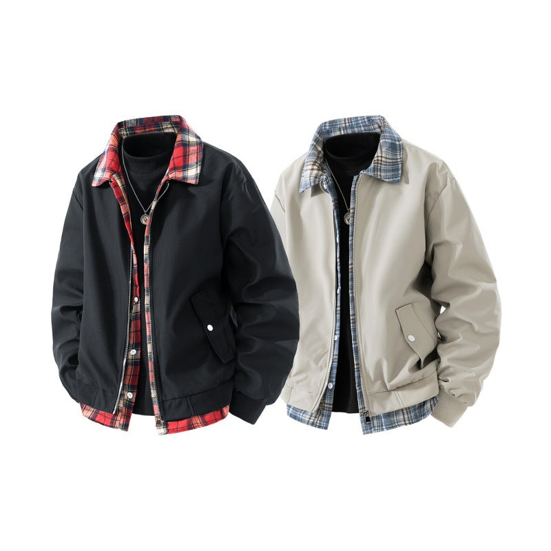 Herren windabweisende Overshirt-Jacke mit karierter Innenlage, Reißverschluss und Druckknopftaschen Drune