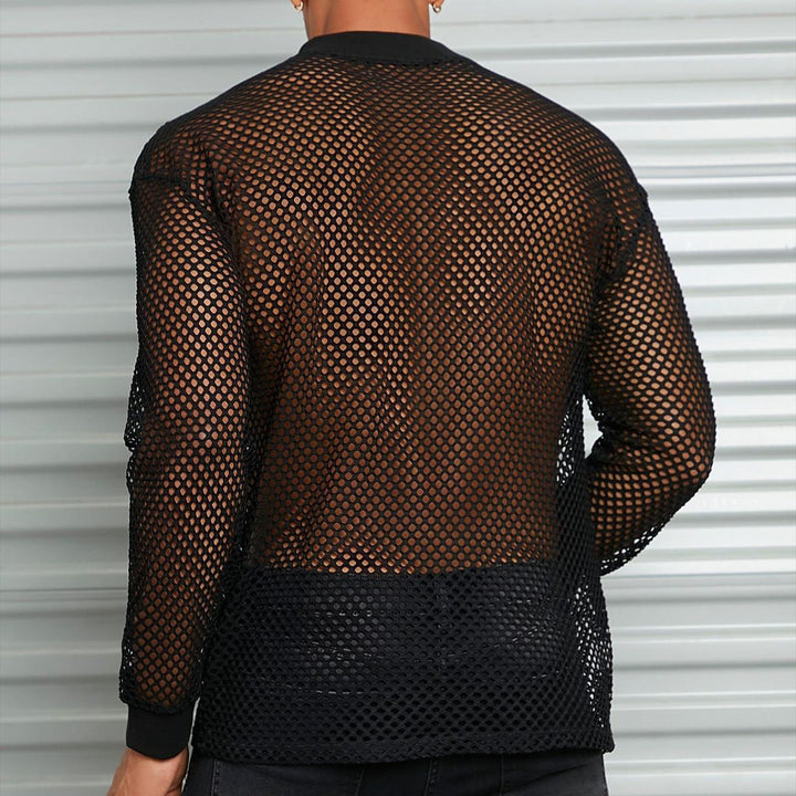 Herren nan transparentes Netz-Langarmshirt mit Rundhals und gerippten Bündchen Drune