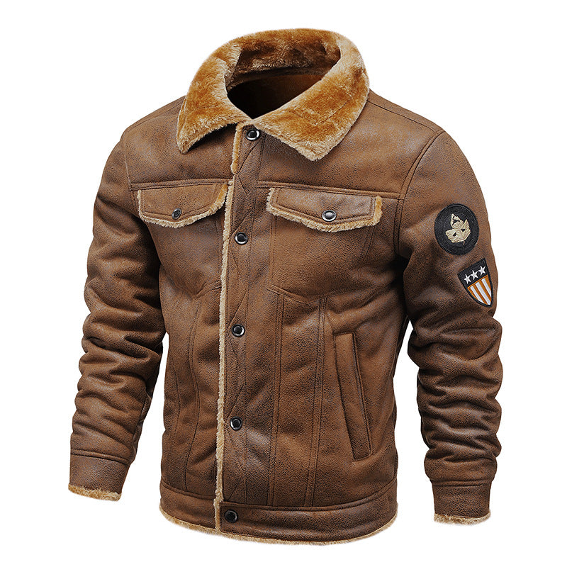 Herren Fliegerjacke aus Kunstleder mit Teddyfell-Futter und Aufnäher Drune