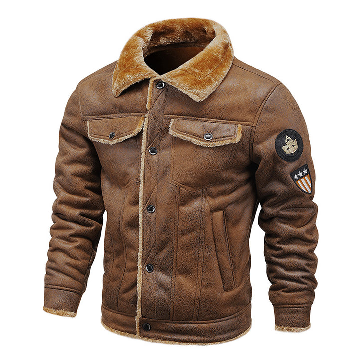 Herren Fliegerjacke aus Kunstleder mit Teddyfell-Futter und Aufnäher Drune