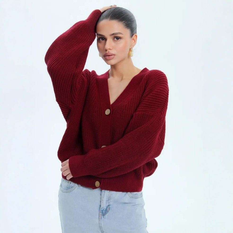 Damen lässiger Strickjacke mit voluminösen Ärmeln und modernen Knopfdetails Drune