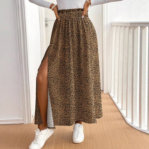 Damen Maxirock mit hohem Schlitz und Leopardendruck Drune