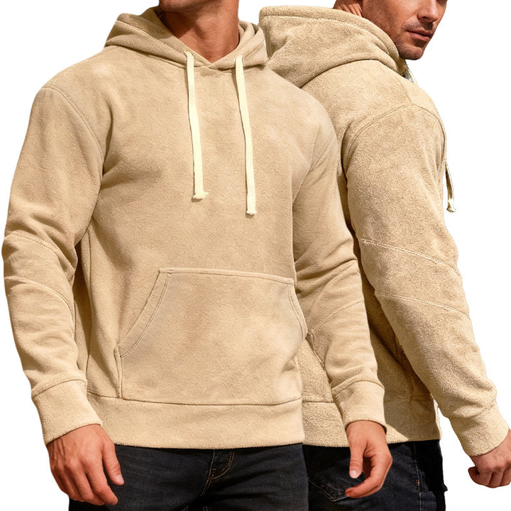 Herren nan samtweicher Kapuzenpullover mit Nahtdetails, Kängurutasche und Kontrastkordel Drune