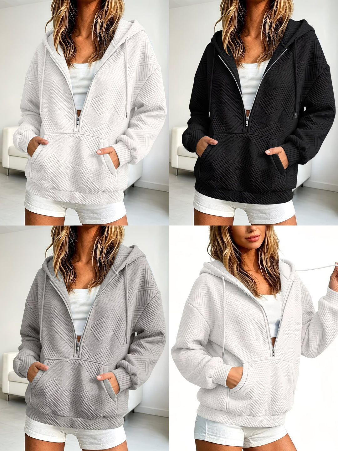 Damen Gequilteter Half-Zip Kapuzenpullover mit geometrischer Steppstruktur Drune