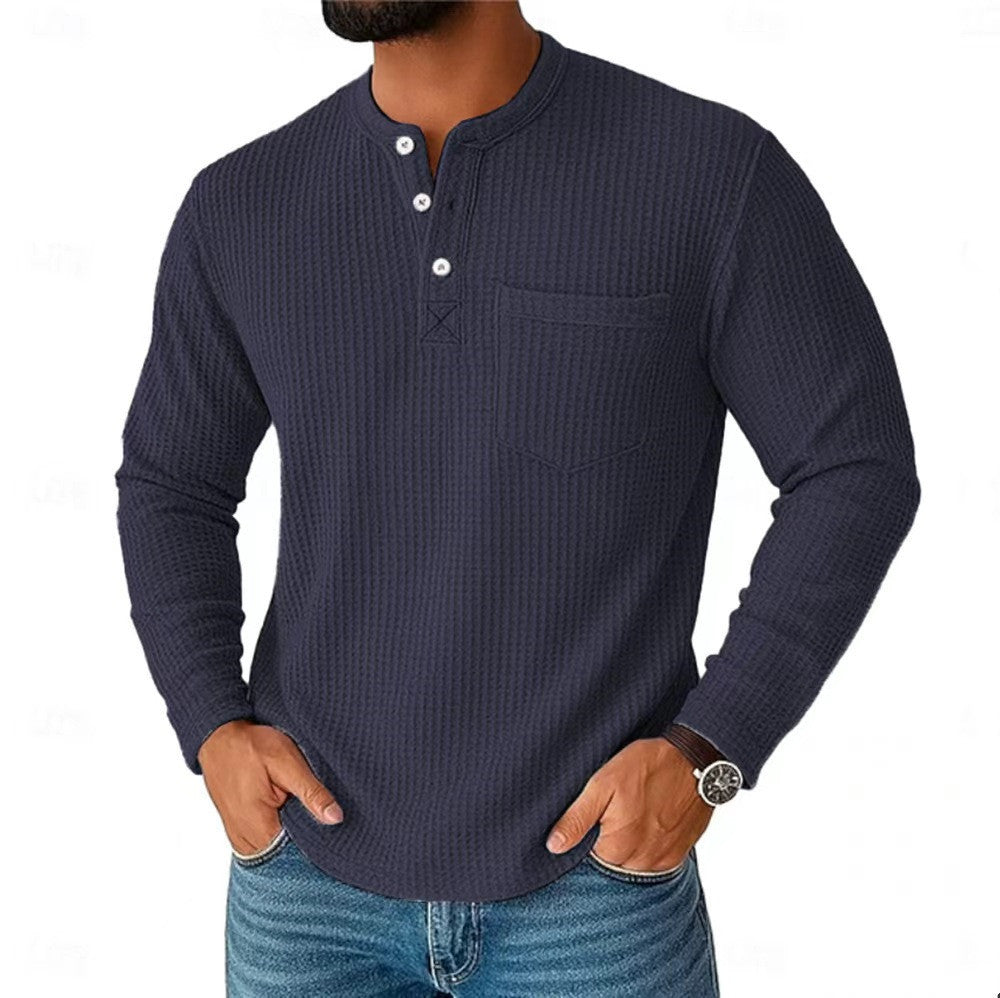 Herren Langarm Henley mit Waffelstruktur und Brusttasche thermisches Langarmshirt Drune