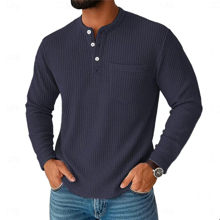 Herren Langarm Henley mit Waffelstruktur und Brusttasche thermisches Langarmshirt Drune