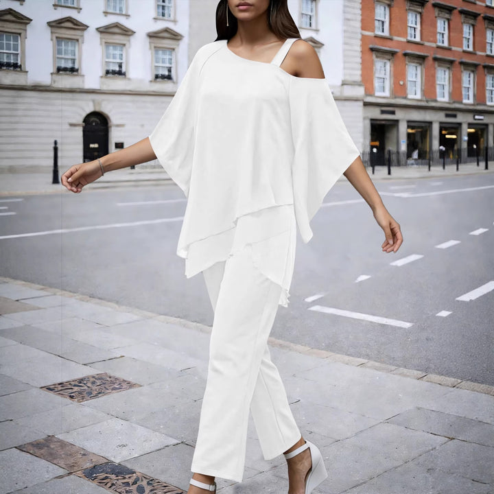 Damen Elegantes Chiffon-Zweiteiler mit Lagen‑Tunika, asymmetrischem Ein‑Schulter‑Detail und weiter Palazzohose Drune