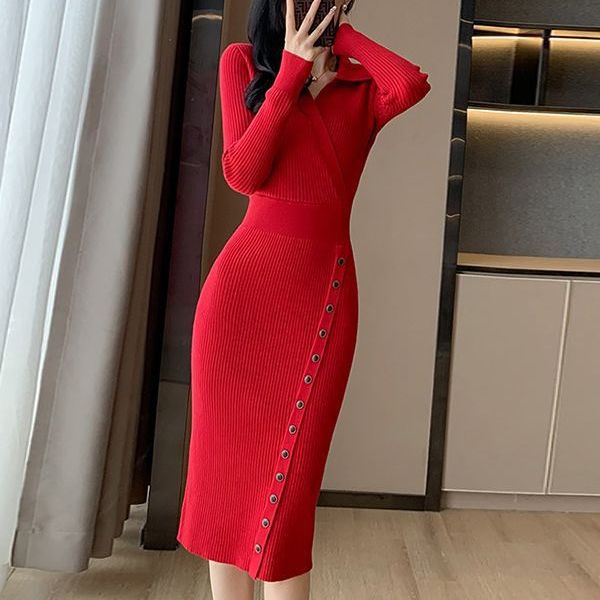 Damen Langärmeliges Strickkleid mit elegantem Knopfdetail und taillierter Silhouette Drune