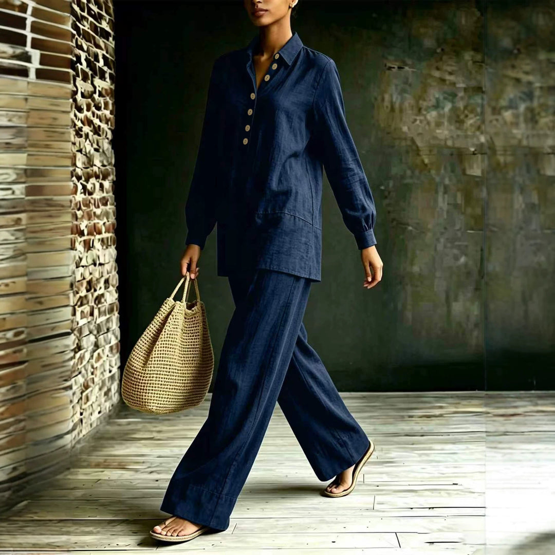 Damen Tunika-Hose Set aus Leinenoptik mit Hemdkragen und weitem Schnitt Drune