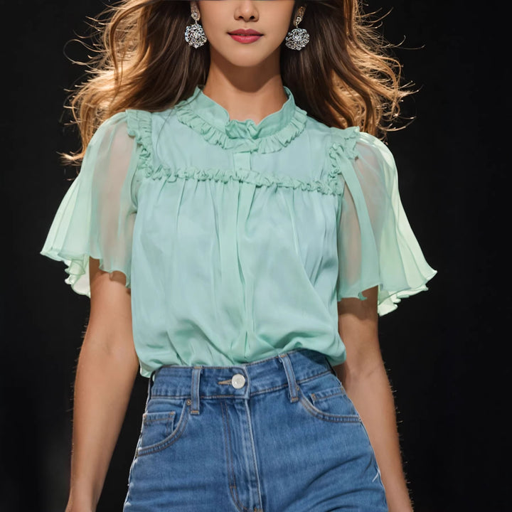 Damen Elegante Bluse mit Rüschendetails und transparenten Ärmeln Drune