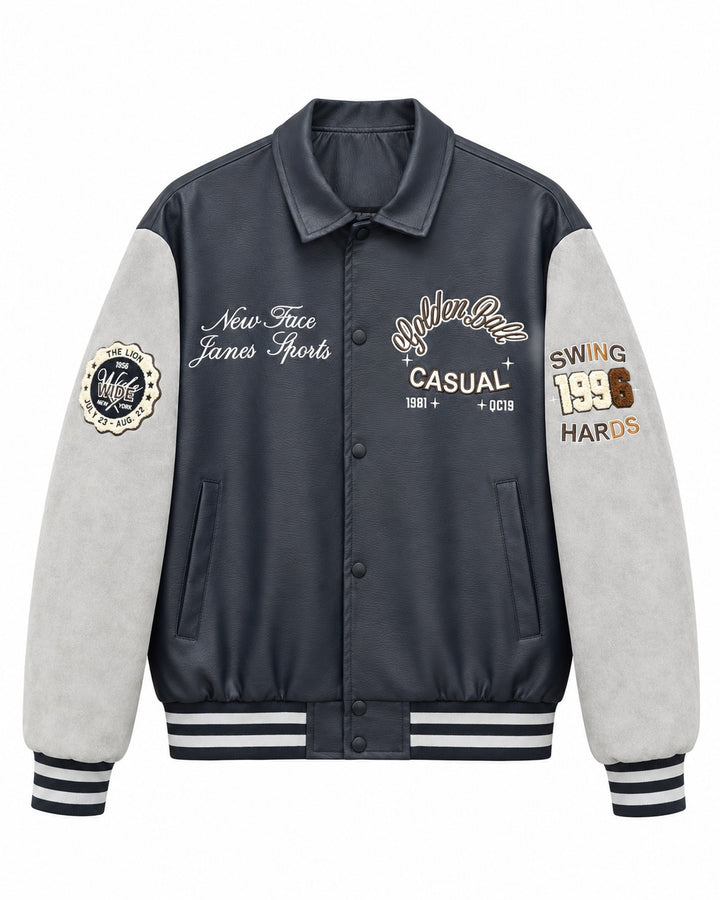 Herren Varsity-Lederoptik Collegejacke mit Kontrastärmeln, gestickten Patches und geripptem Saum Drune