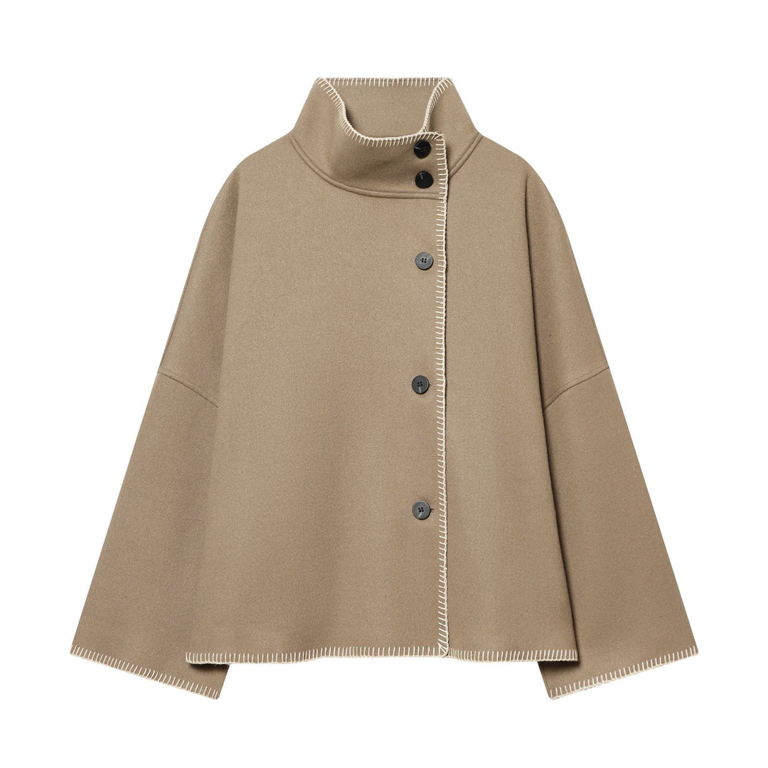 Damen nan kastiges Wollcape mit hohem Stehkragen, asymmetrischer Knopfleiste und Ziernaht Drune