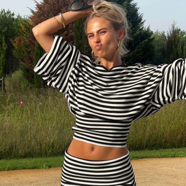 Damen nan gestreiftes Cut-Out-Longsleeve mit weitem Arm und taillierter Schichtung Drune