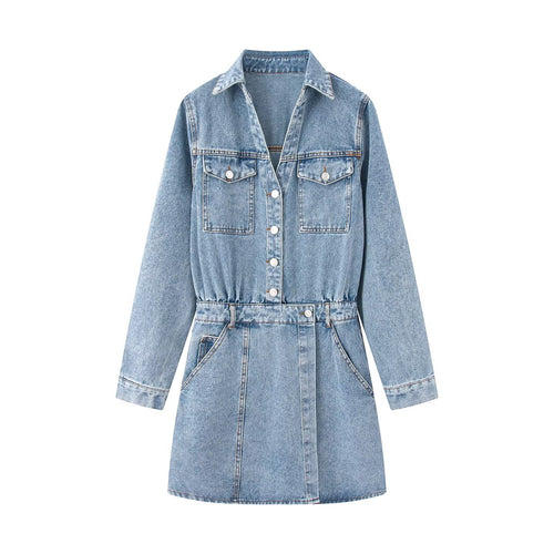 Damen Jeanskleid mit Taillengürtel, Hemdkragen und aufgesetzten Brusttaschen Drune