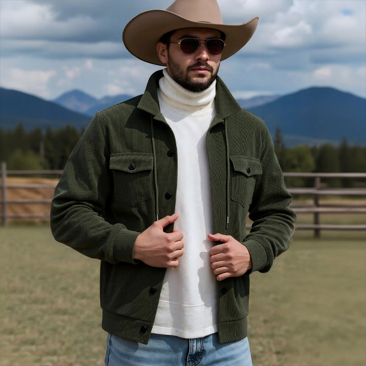 Herren nan gerippte Cord-Überhemdjacke mit Kapuze, Brustklappen und durchgehender Knopfleiste Drune