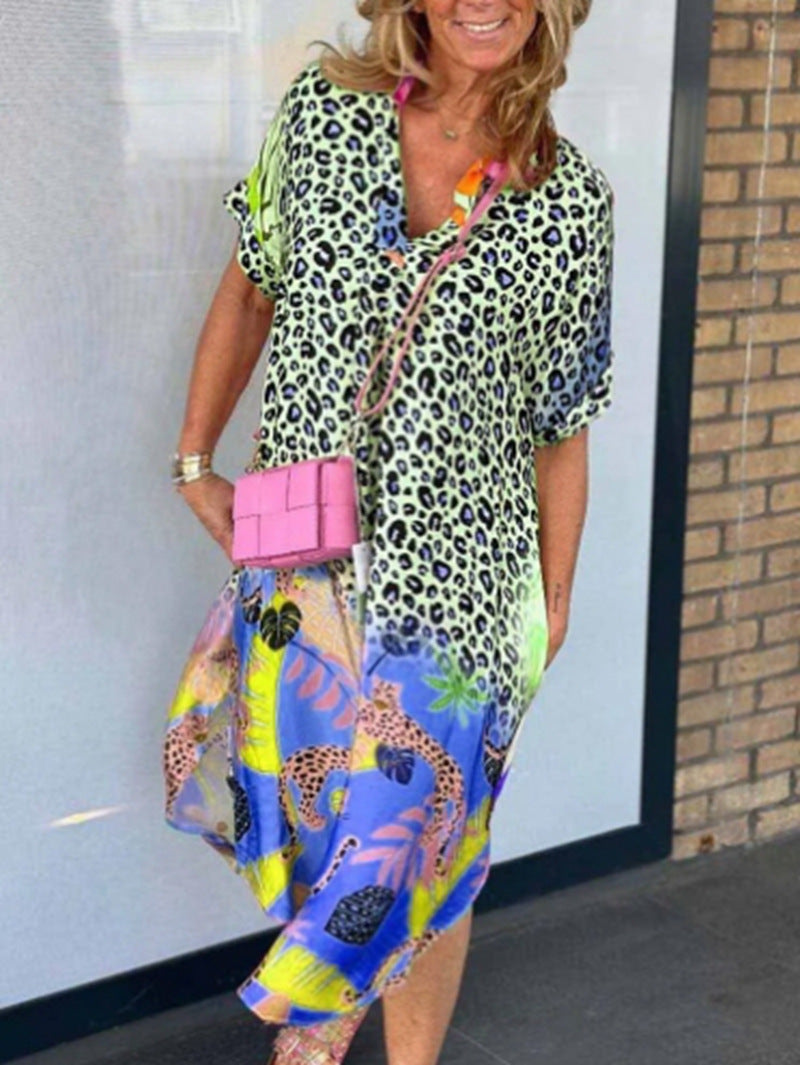 Damen nan weit geschnittenes V-Ausschnitt Midikleid mit Leoparden- und Tropenprint Drune