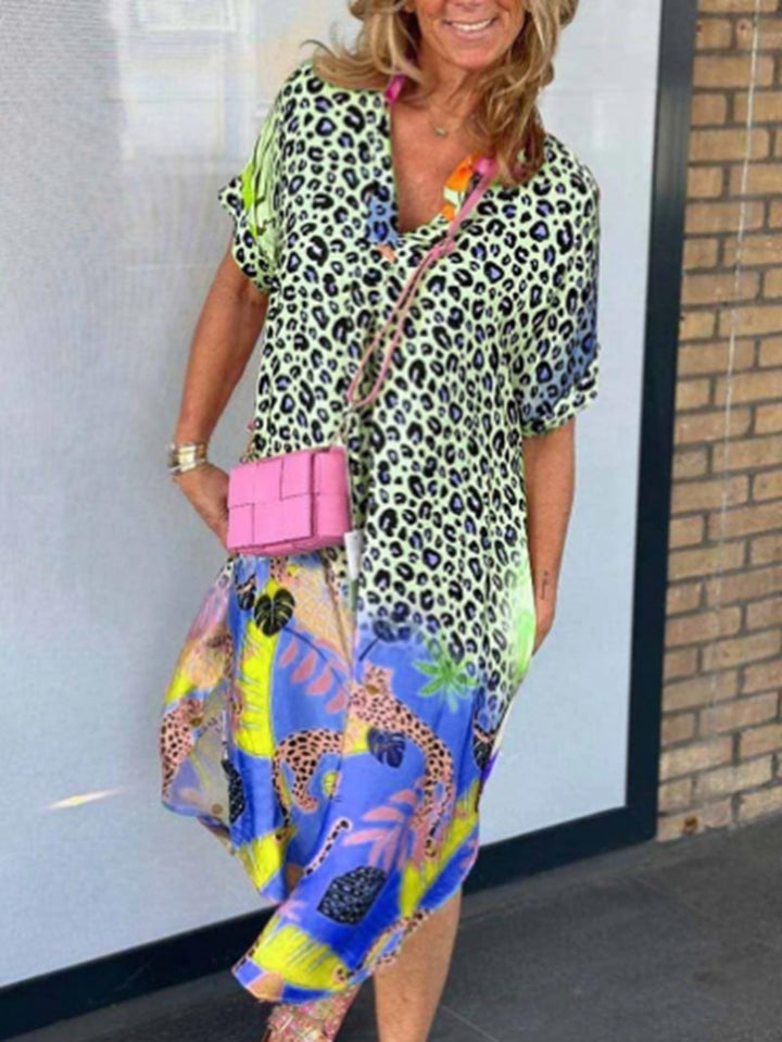 Damen nan weit geschnittenes V-Ausschnitt Midikleid mit Leoparden- und Tropenprint Drune