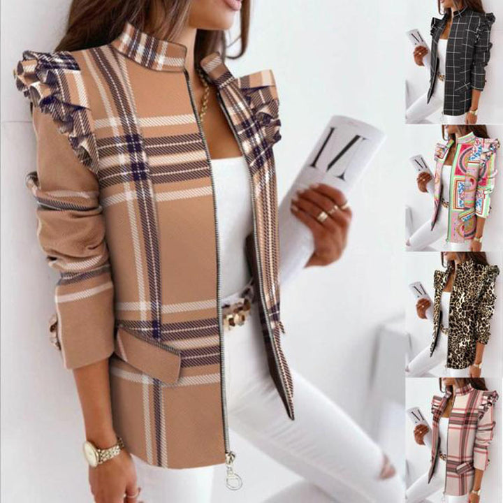 Damen nan Leo-Blouson mit Volantärmeln, Stehkragen und Zipper-Front Drune