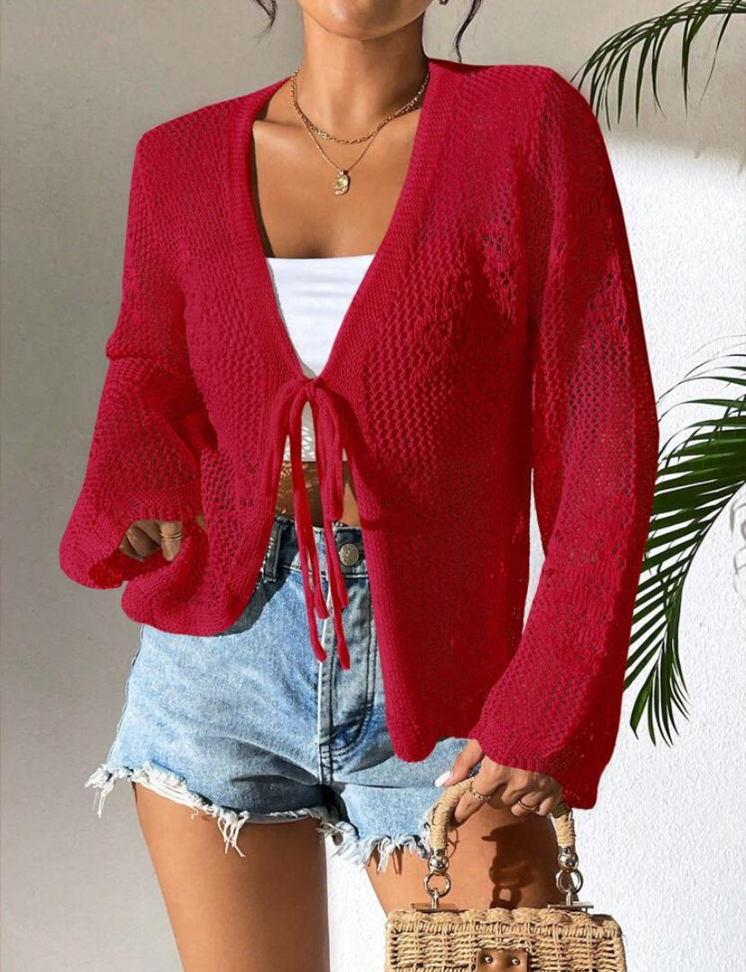 Damen Strickjacke mit luftiger Häkelstruktur und Bindeverschluss Drune