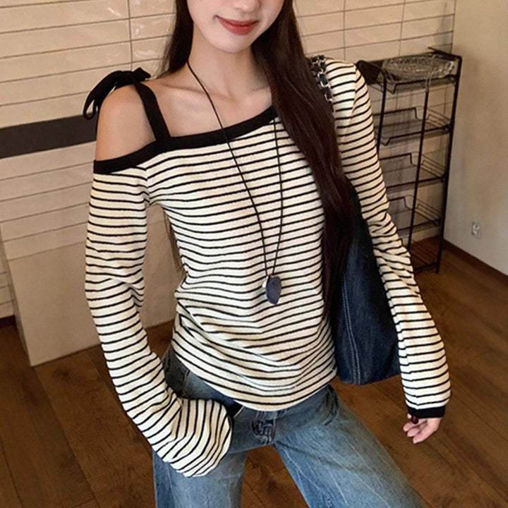 Damen Off-Shoulder Langarmshirt mit Streifenmuster Drune
