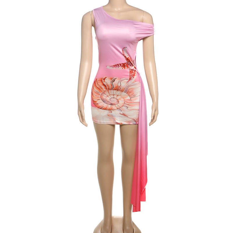 Damen Einseitiges Strandkleid mit maritimem Motiv und asymmetrischem Schnitt Drune