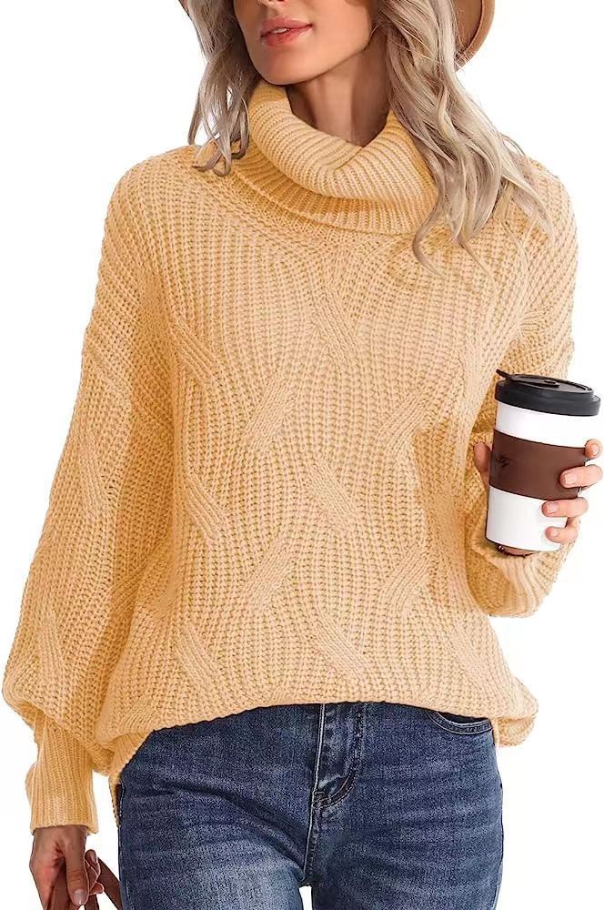 Damen Weicher Strickpullover mit hohem Kragen und Kabelmuster Drune