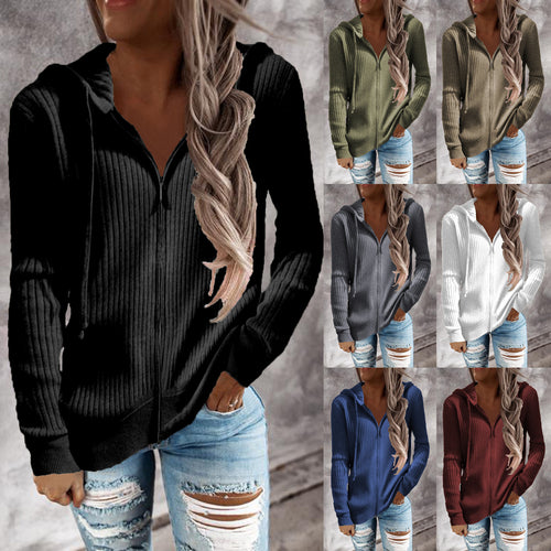 Damen Gerippter Kapuzenpullover mit Reißverschluss und Eingrifftaschen Drune