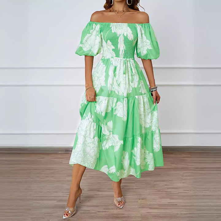 Damen Off-Shoulder Maxikleid mit voluminösen Ärmeln und print Drune
