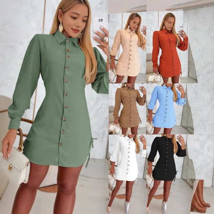 Damen Hemdblusenkleid mit regulierbarem Saum und eleganten Puffärmeln Drune