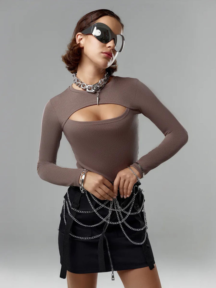 Damen Langarmshirt mit kreativem Ausschnitt und feiner Rippstruktur