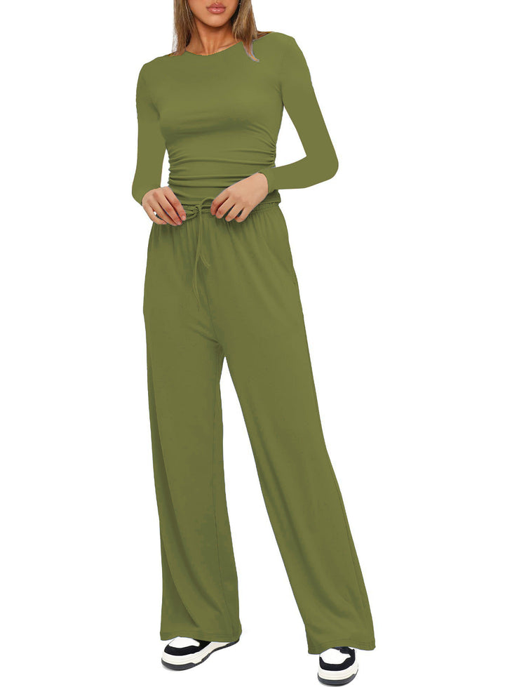 Damen Figurbetontes Longsleeve mit seitlicher Raffung und High-Waist Palazzo-Jogginghose Set Drune
