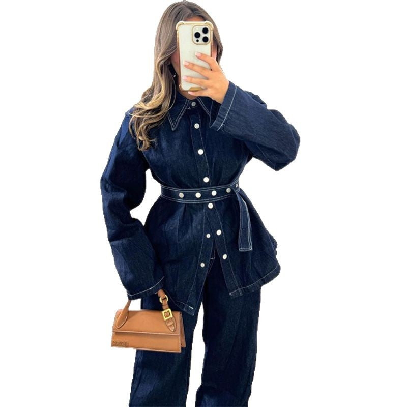 Damen Denim-Blazer-Set im Vintage-Stil mit Taillengürtel Drune