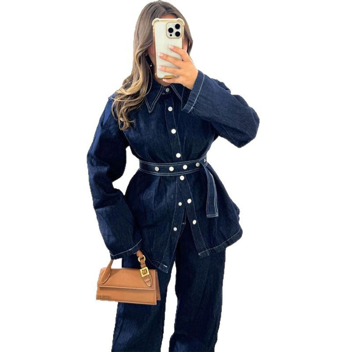 Damen Denim-Blazer-Set im Vintage-Stil mit Taillengürtel Drune